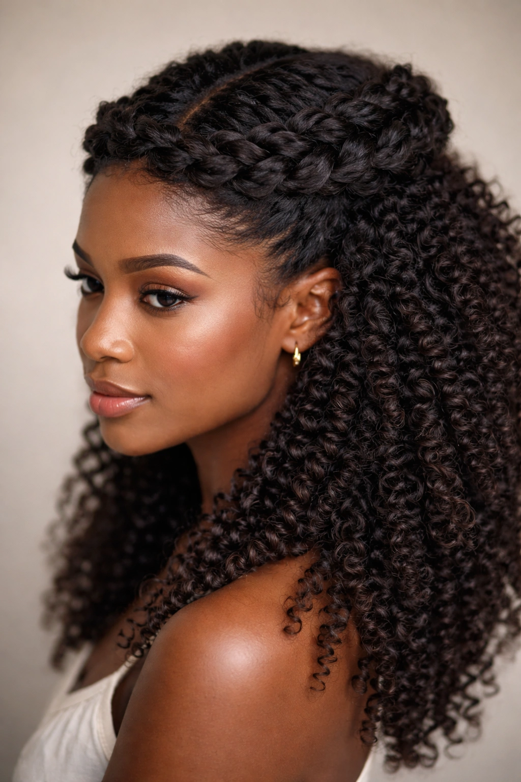 Crown braid around head with coils visible beneath on dark hair