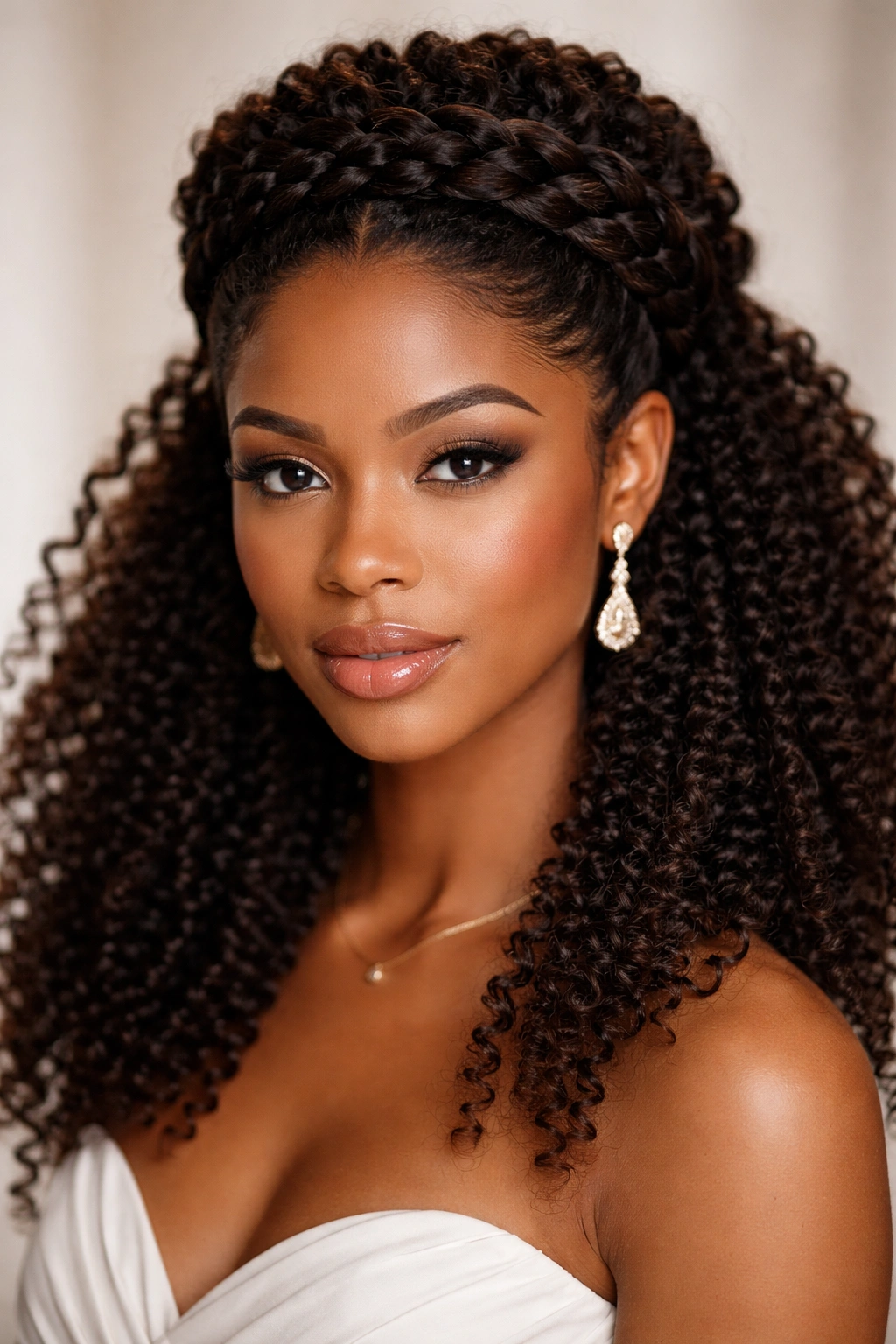 Close-up of a crown braid with coily extensions showing defined curls