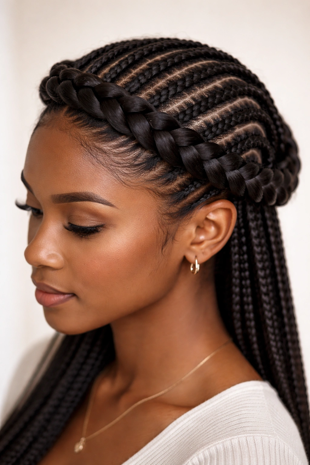 Crown braid around the head with inner cornrows beneath