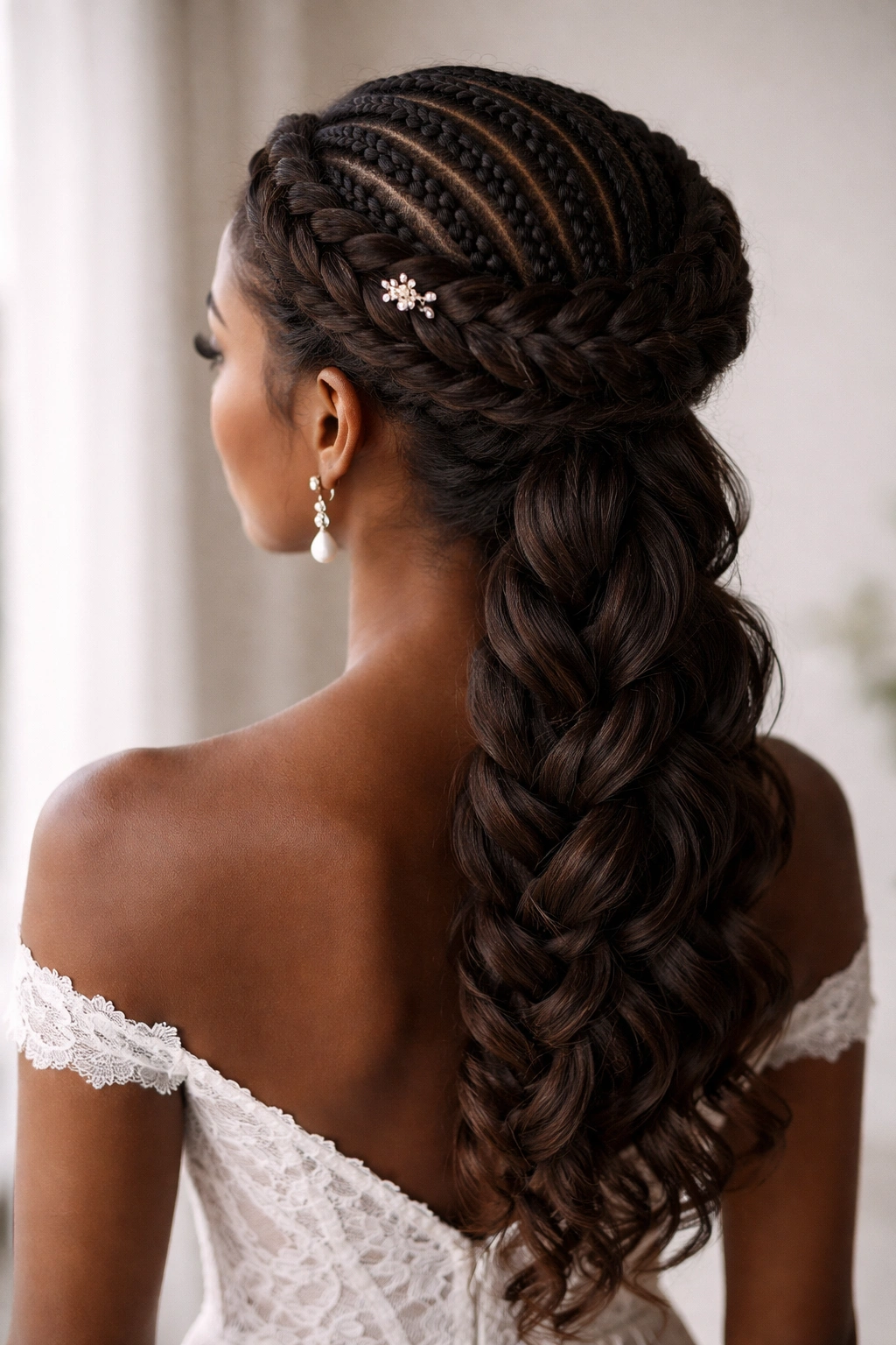 Crown braid cornrow updo with cascading length wedding hairstyle