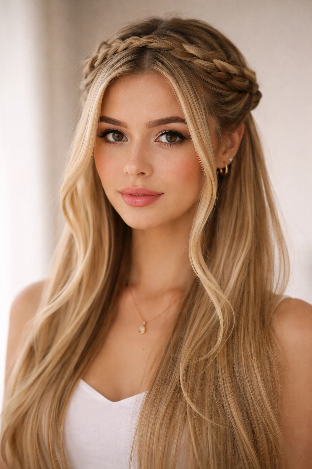 Crown braid with face-framing pieces around the cheeks on straight hair