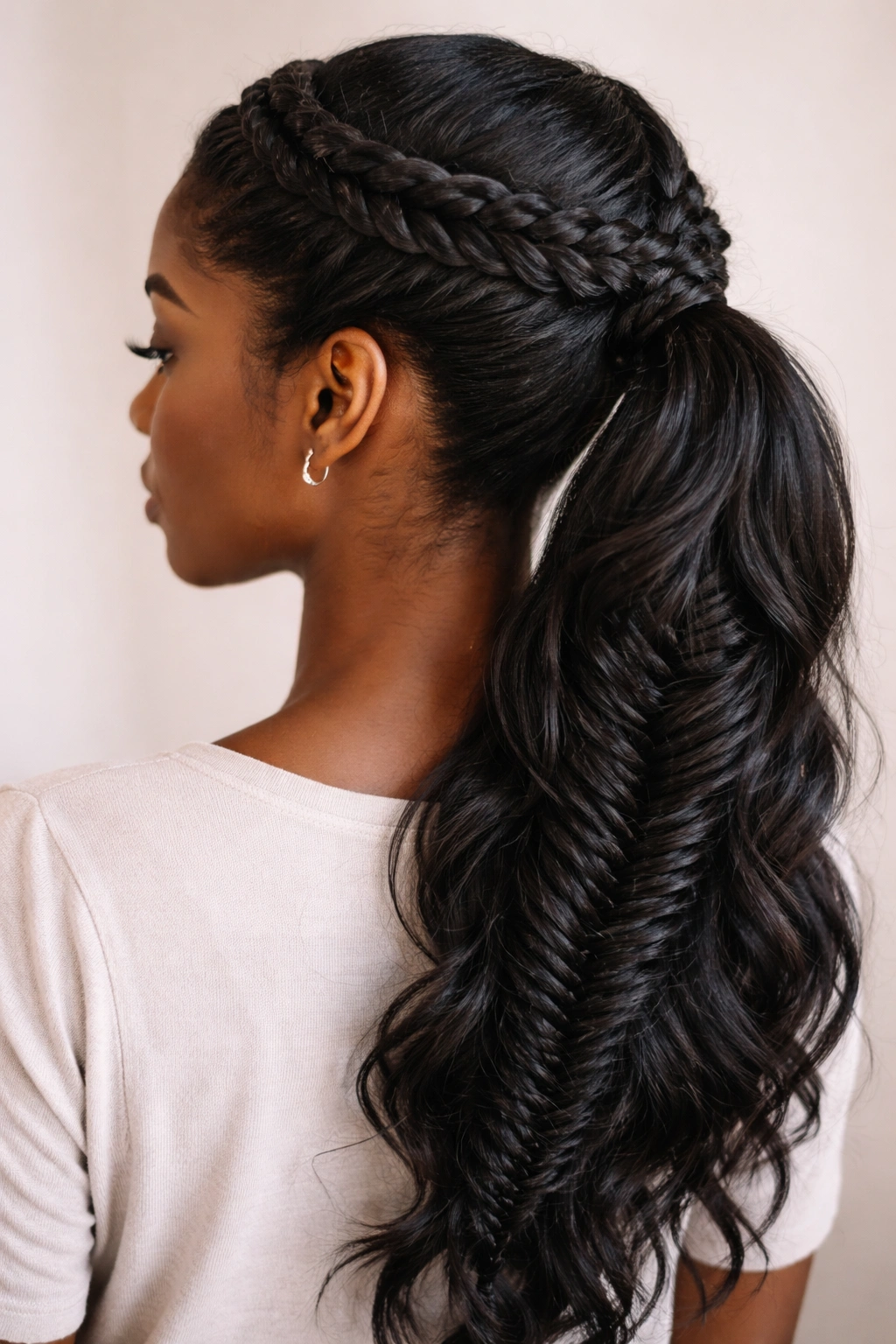 Top-down view of fishtail ponytail with crown braid base