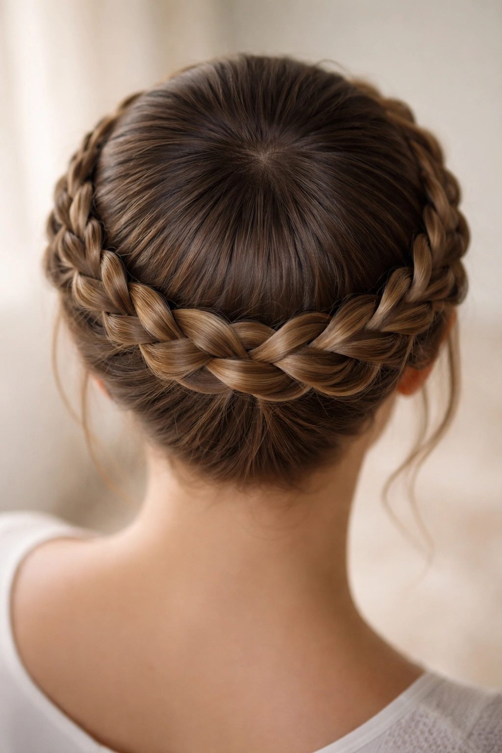 Top-down view of crown braid around head framing face, smooth hair