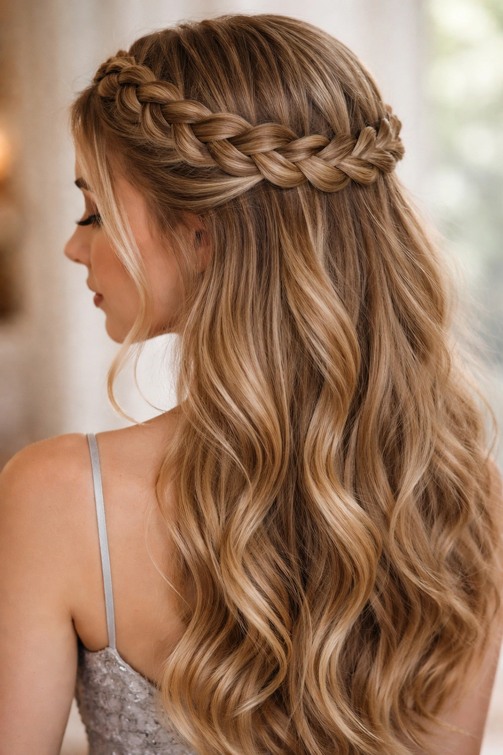Crown braid encircling the head with hair flowing below