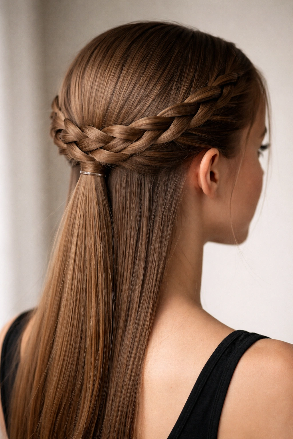 Crown braid wrapping around head with rubber band securing base