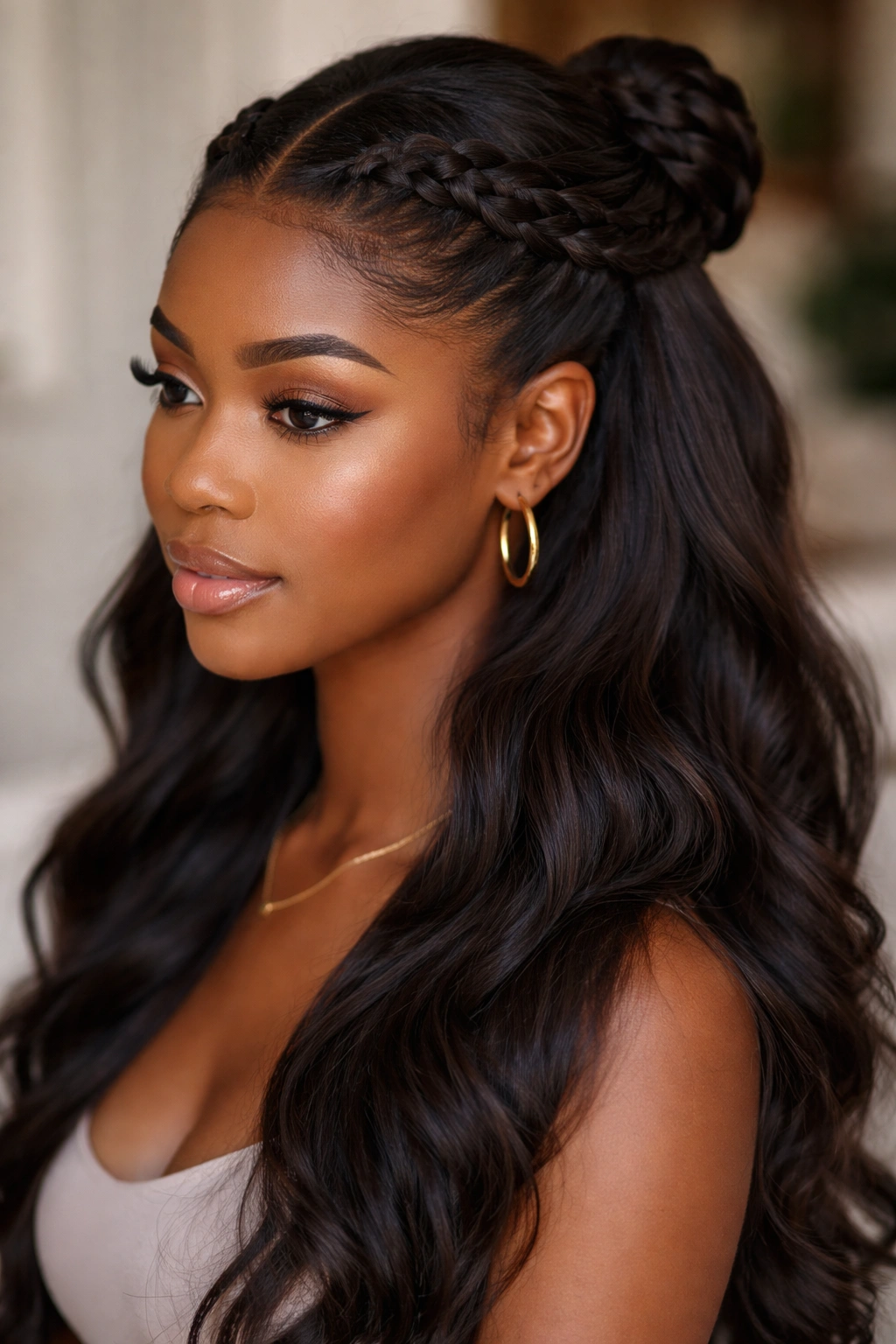 Crown braids along the hairline with the rest of the hair gathered behind
