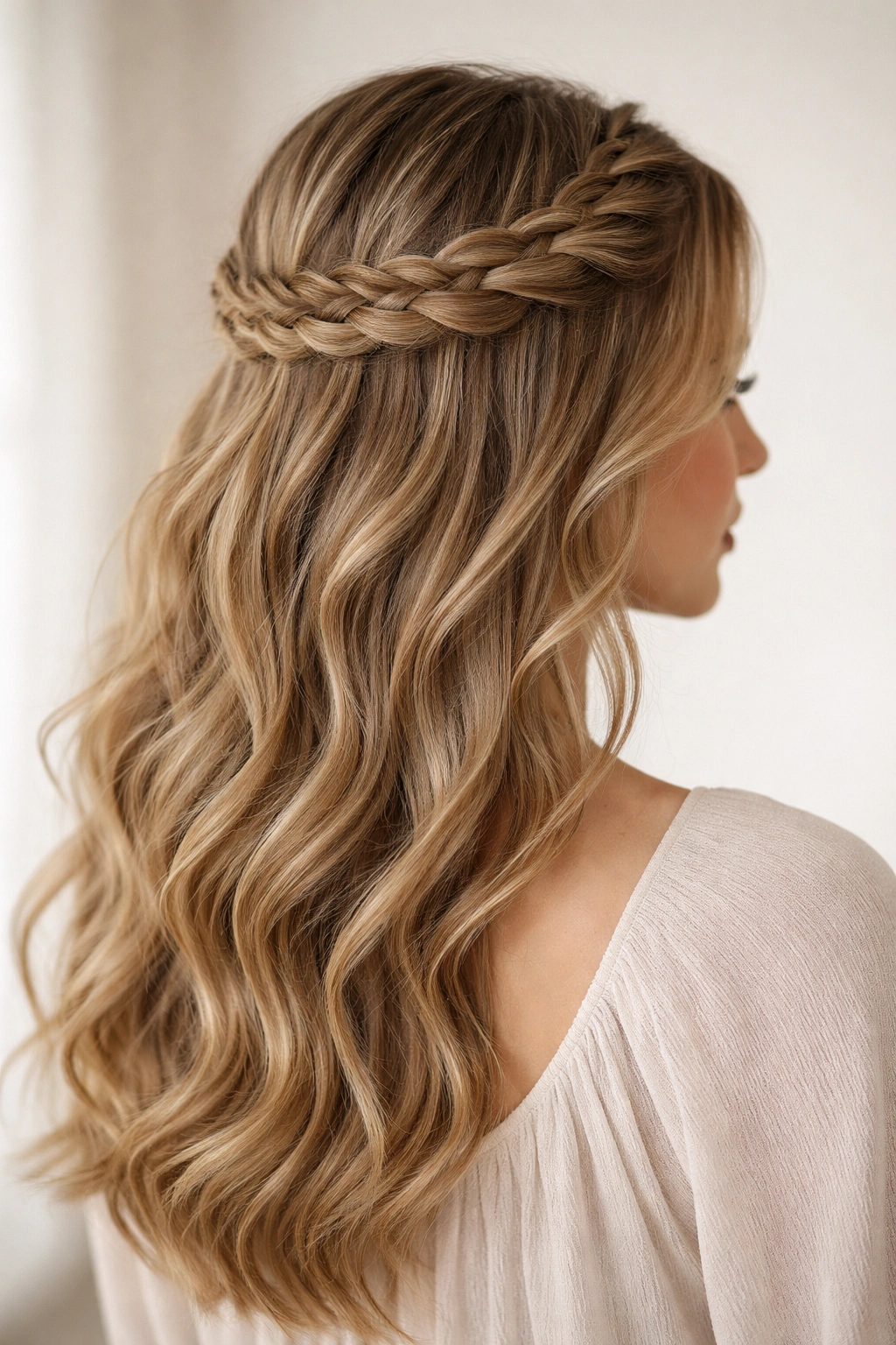 Close-up of crown braided half up with flowing hair below