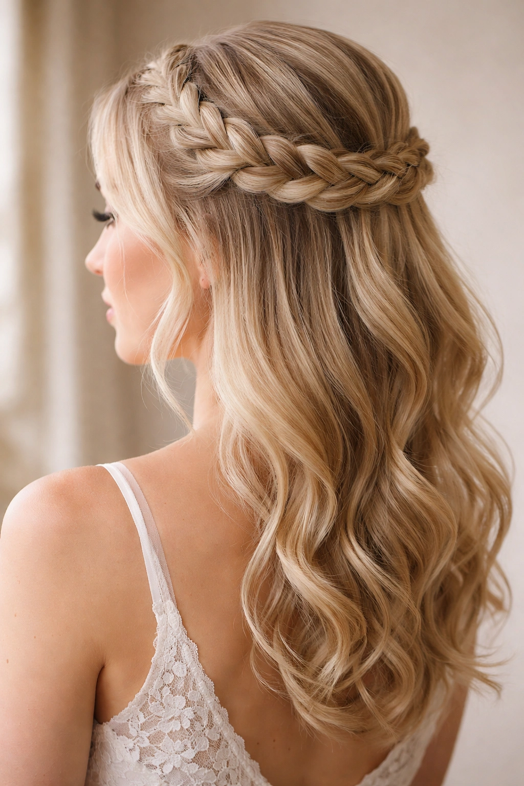 Three-quarter view of a bride with a circular crown braid around the head