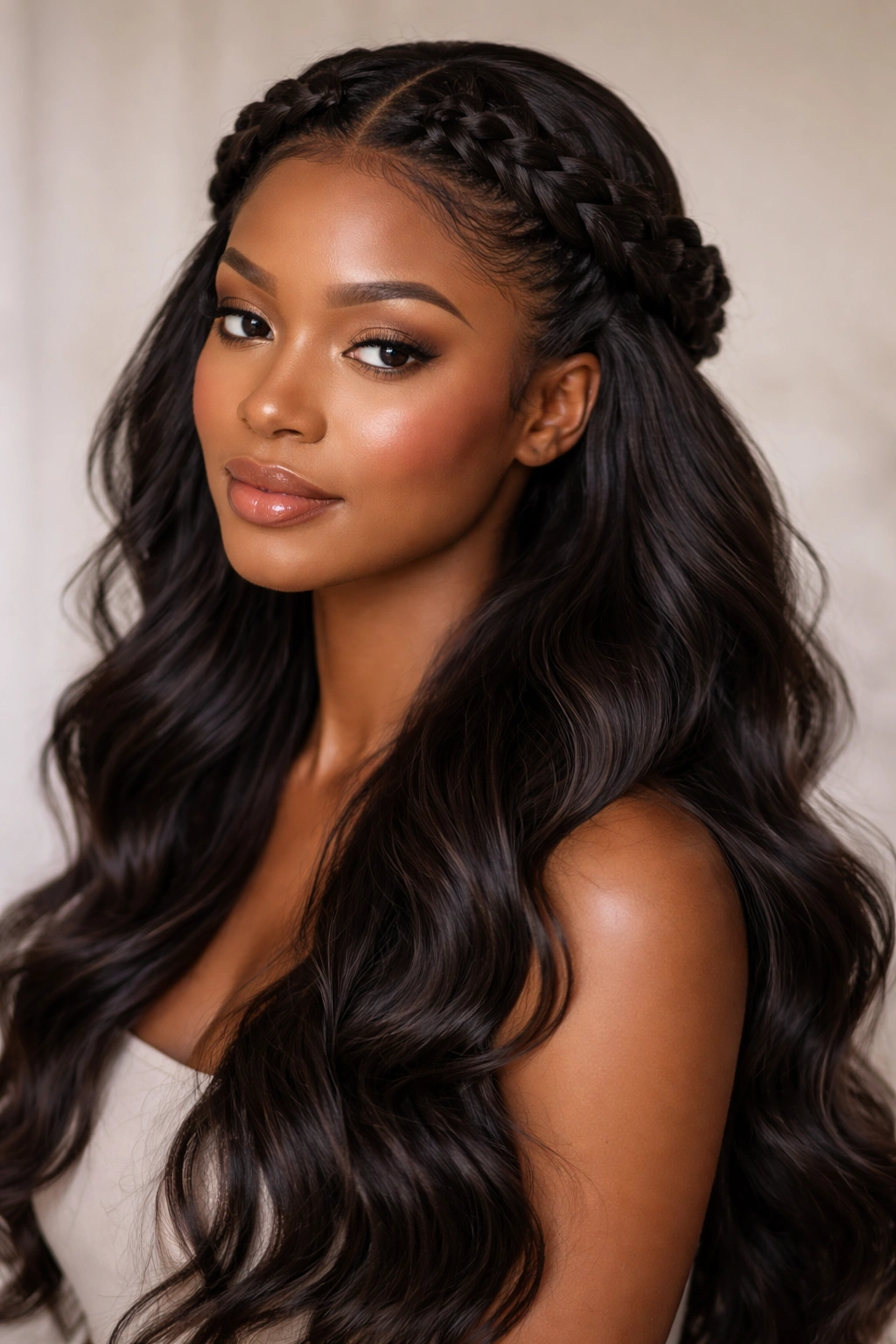 Close-up of a Black woman with a crown braid and half-up half-down waves, showcasing textured hair and braid detail