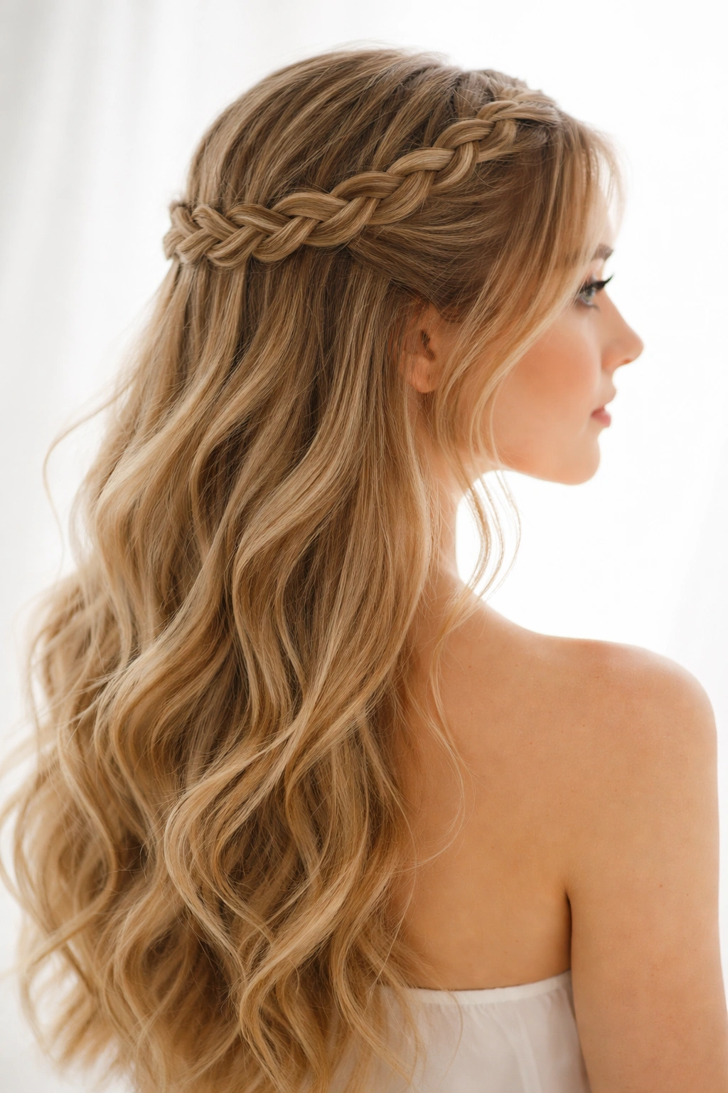 Delicate crown braid across the crown framing the face with loose waves