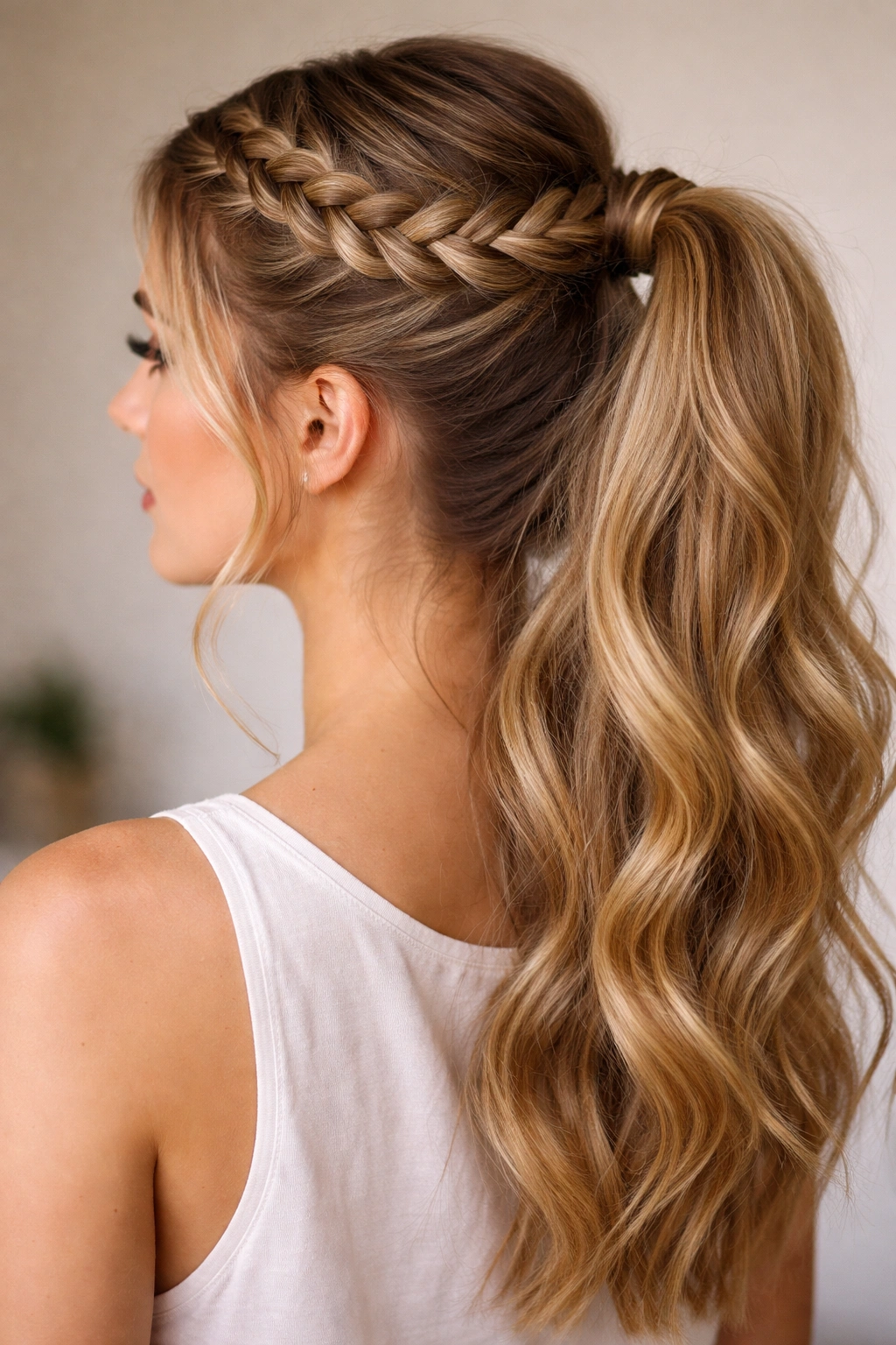 Top view of crown braid across the head integrated into half-up ponytail