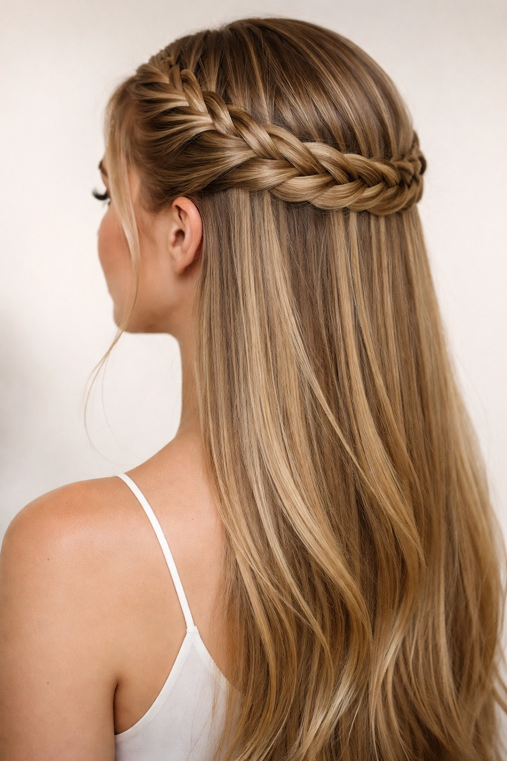 Close-up of crown braid half up half down on straight hair with sleek texture