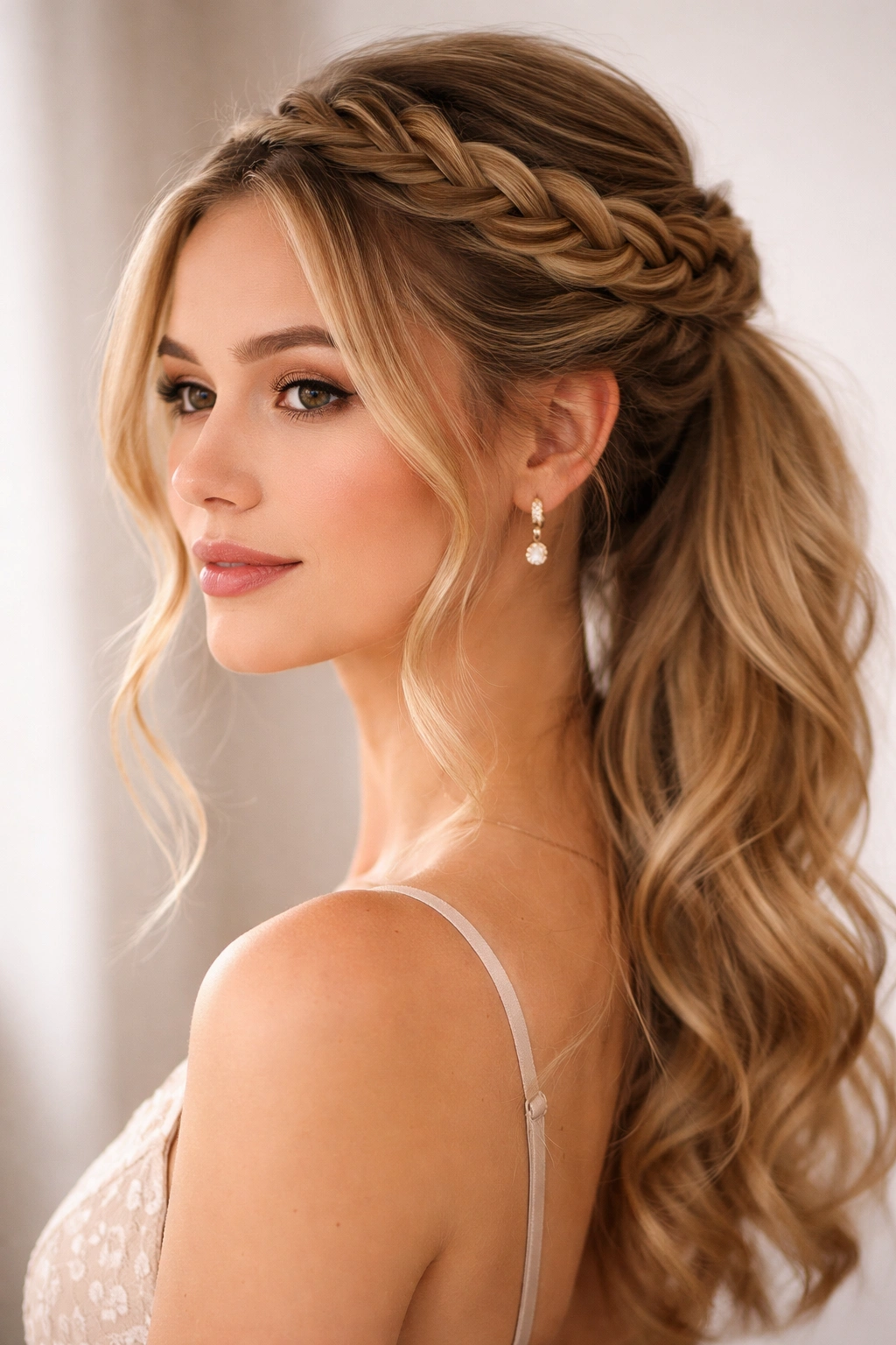 Crown braid across the crown gathered into a back ponytail