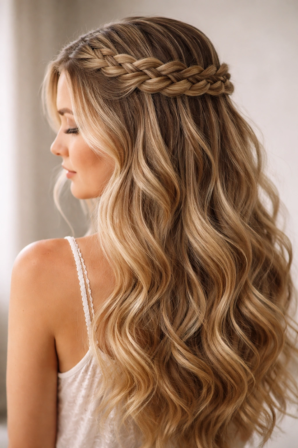 Wrap-around crown braid with loose waves in a half-up hairstyle