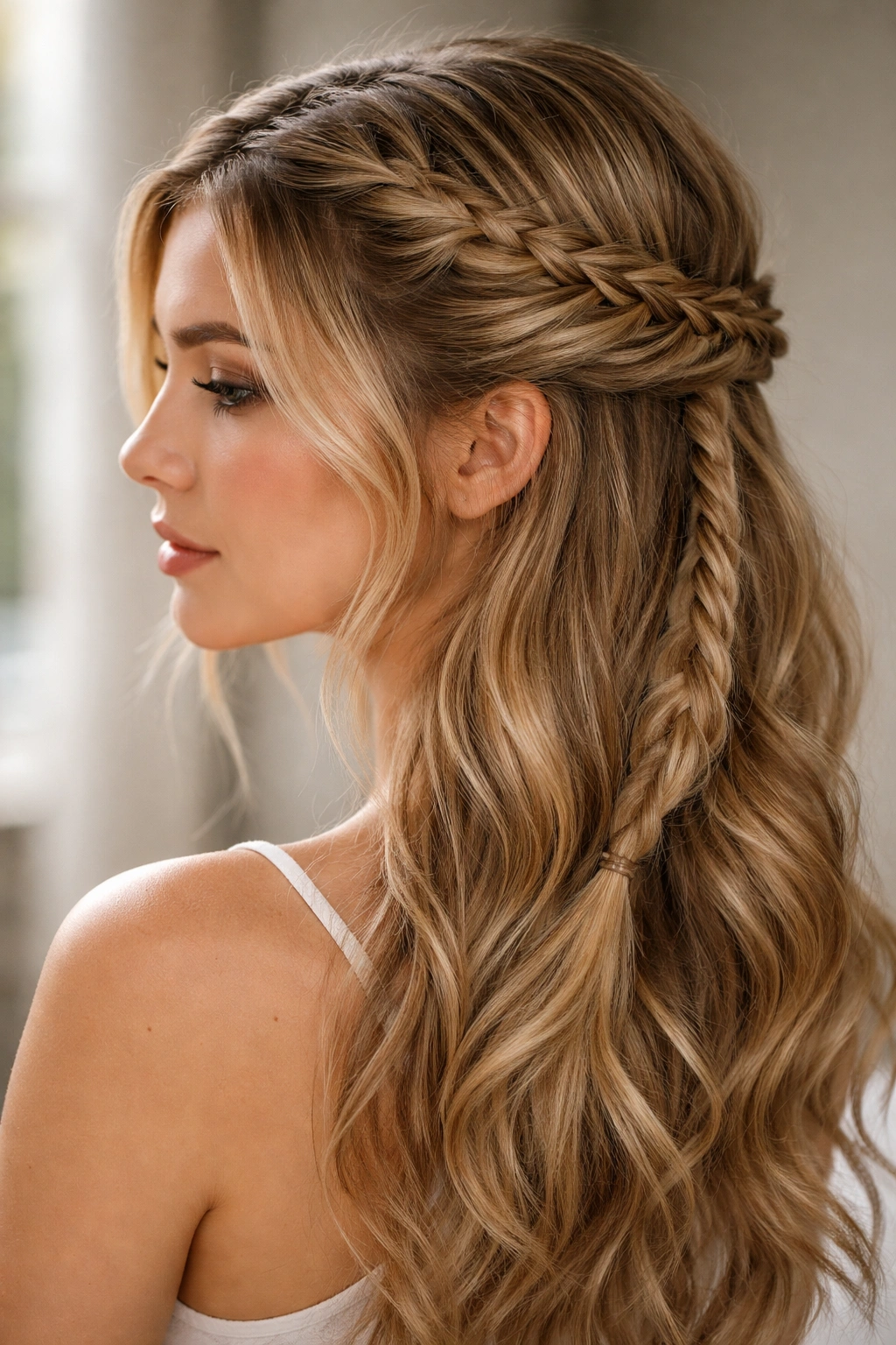 Crown braid half up with a loose tail down the side.