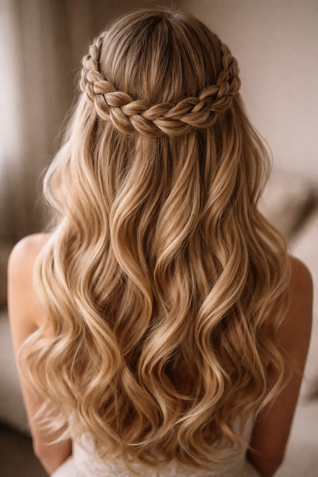 Crown braid encircling the head with flowing hair below