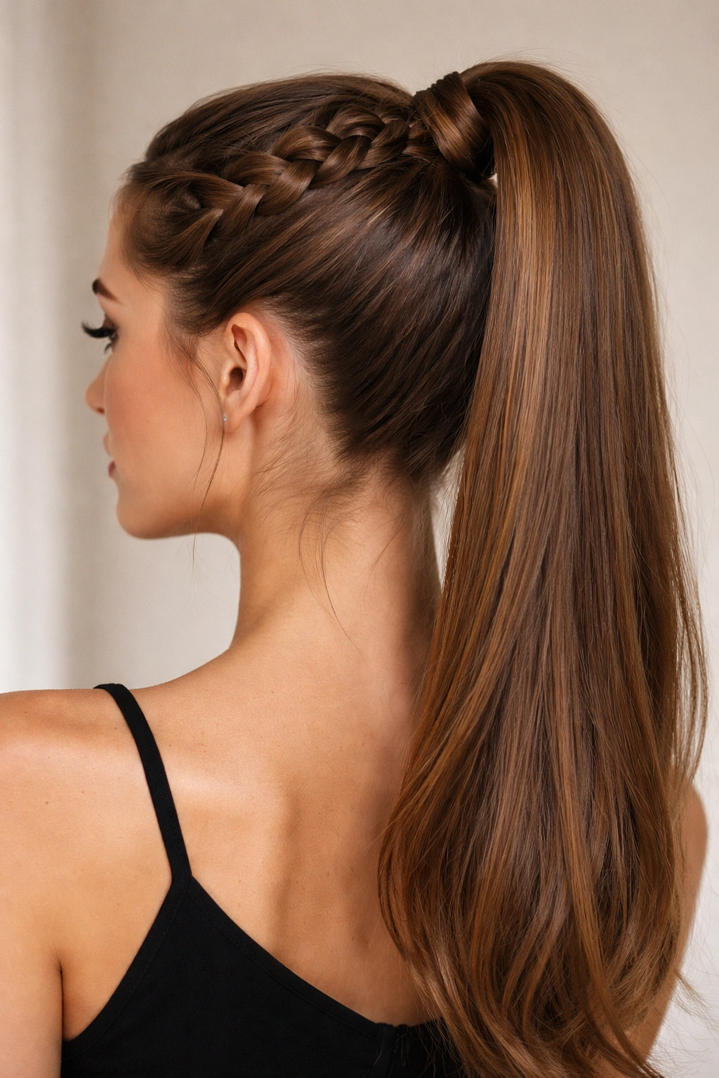 Crown braid encircling the head with a high ponytail secured beneath