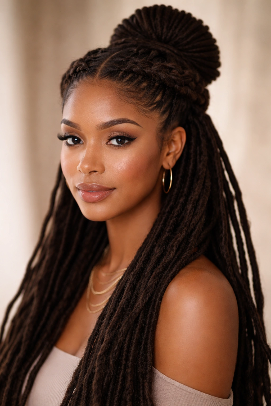 Close-up of crown braided half-up bun showing crown braid and centered bun on locs.