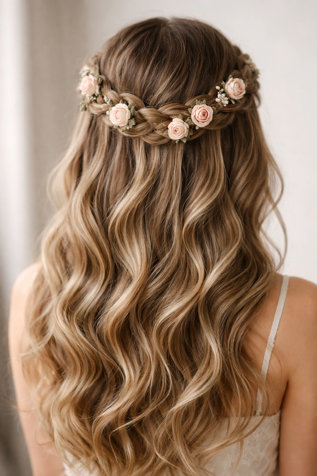 Crown braid across the crown with miniature roses tucked in