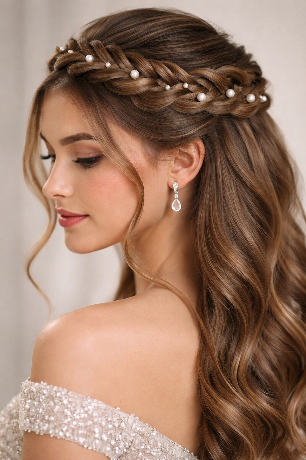 Close-up of crown braid with pearl details for formal quince look