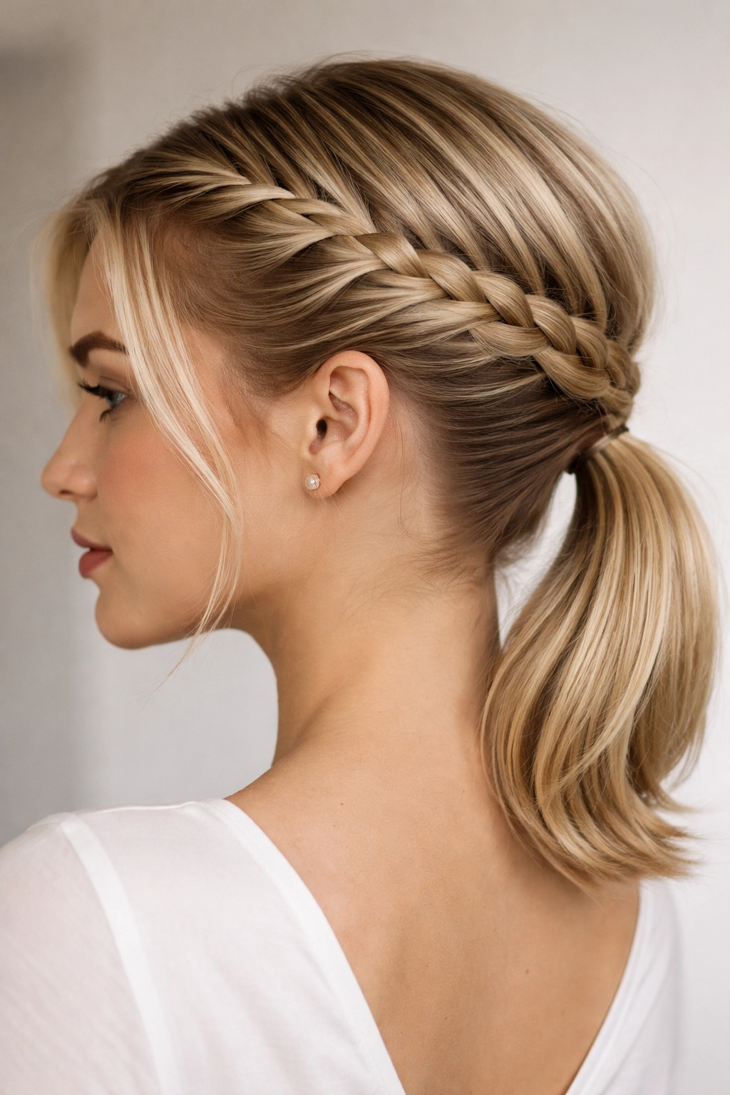 Crown braid encircling the head with a low ponytail at the back on short hair