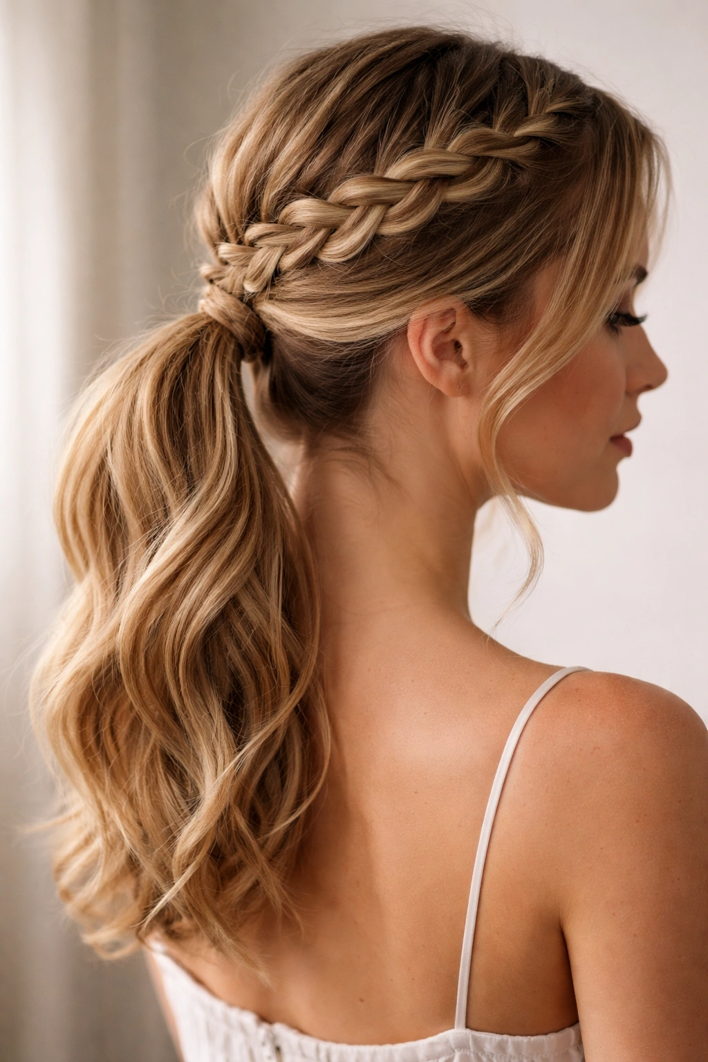 Close-up of Crown Braid Ponytail with halo braid around head and ponytail