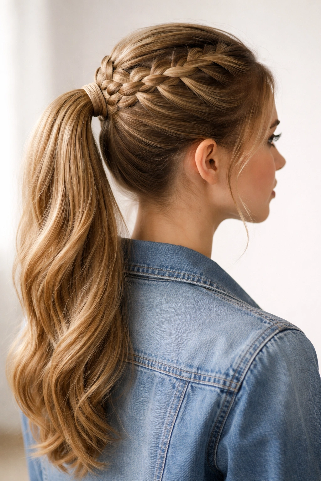 Three-quarter view of crown braid encircling head into ponytail