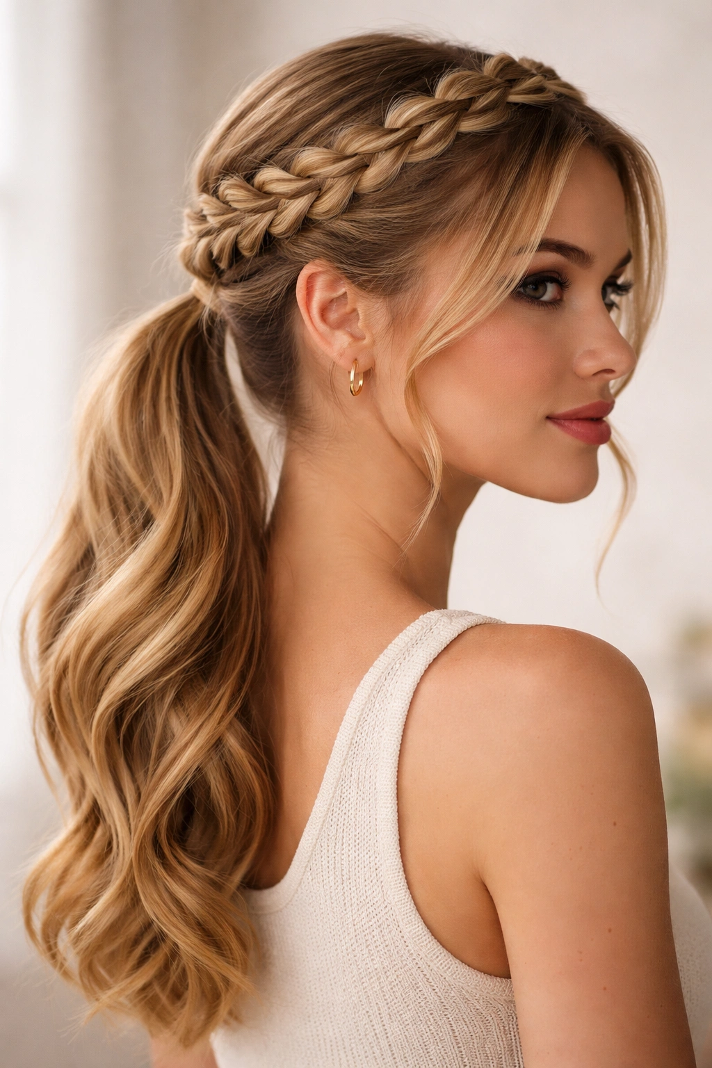 Crown braid encircling the head leading to a low ponytail