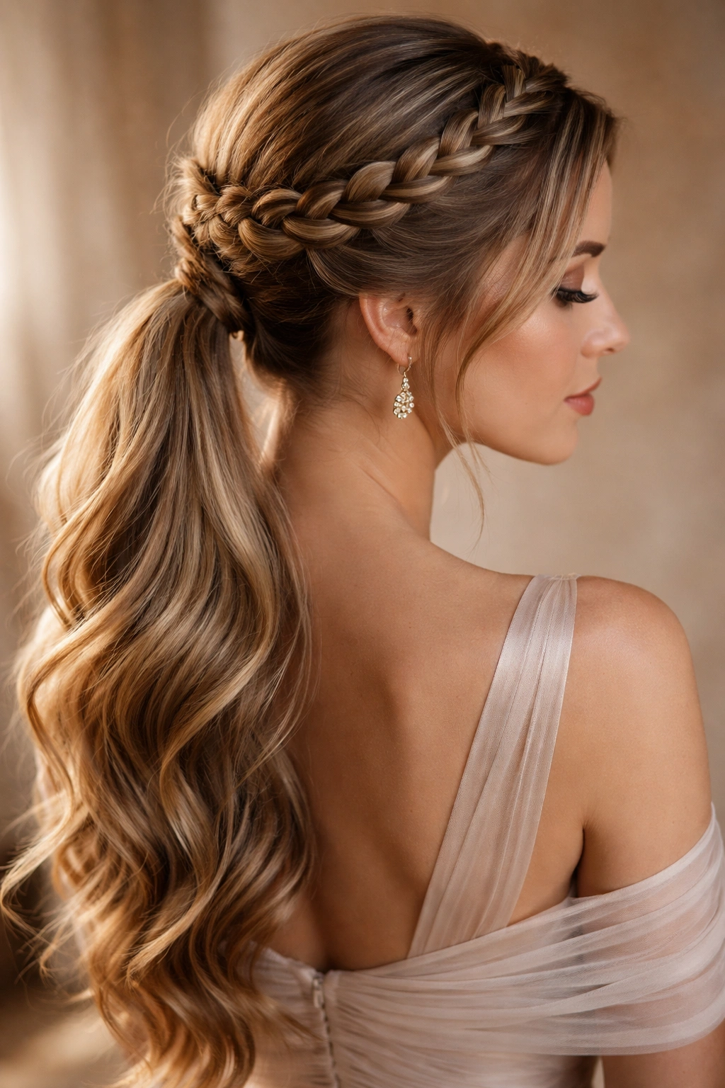 Crown braid encircling head with wrapped ponytail at the nape