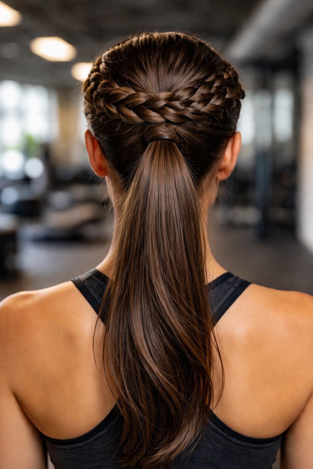 Crown braid around head with hanging ponytail for exercise