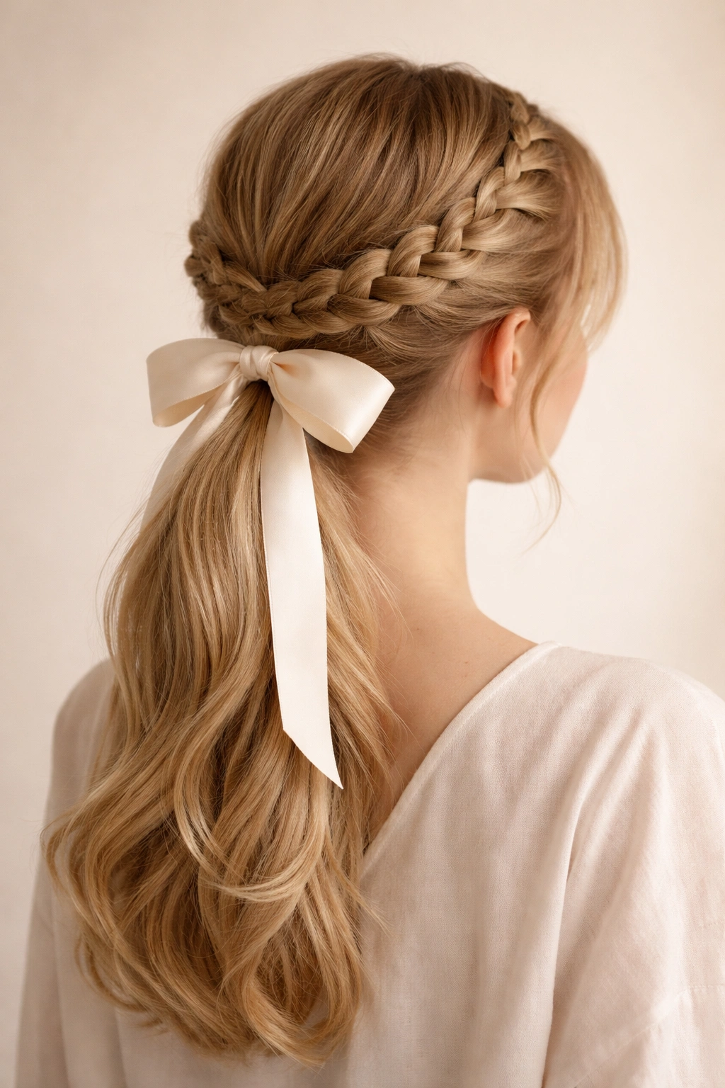 Close-up of Braided Crown Ponytail With Ribbon Bow featuring a crown braid and ribbon bow