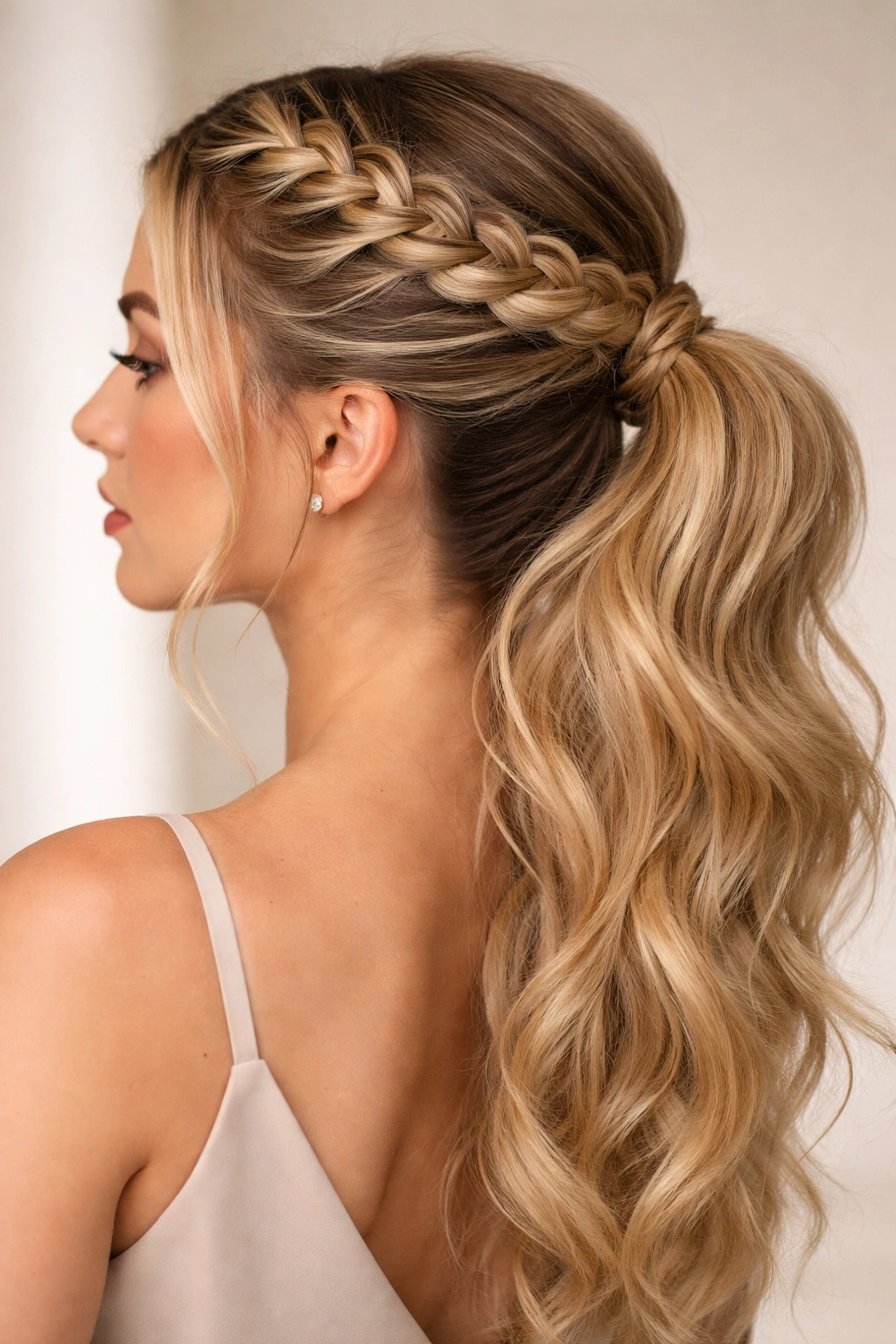 Crown braid across head transitioning into ponytail at the nape