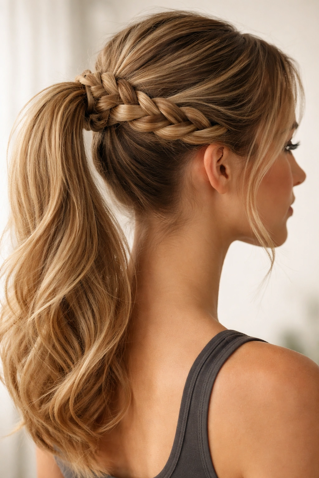 Ponytail secured by a crown braid wrapped around its base