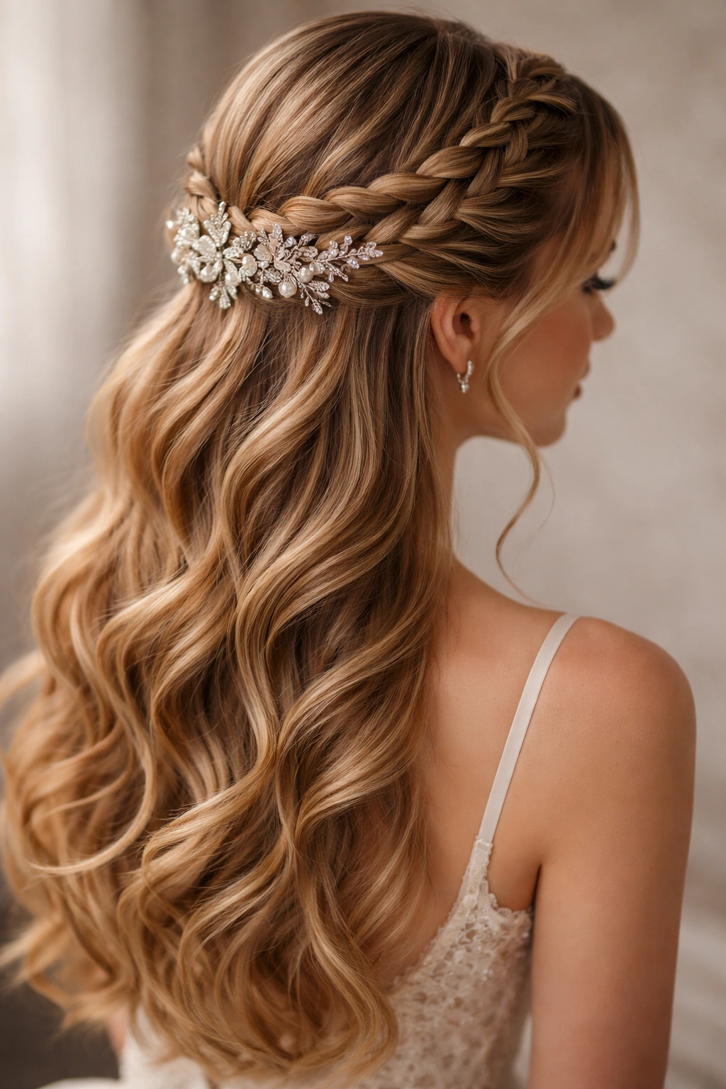 Crown braid encircling the head with decorative accessory and flowing hair