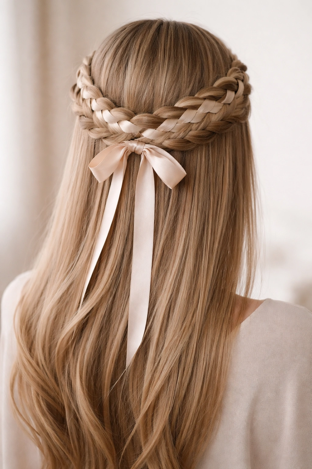 Crown braid woven with satin ribbon on straight hair