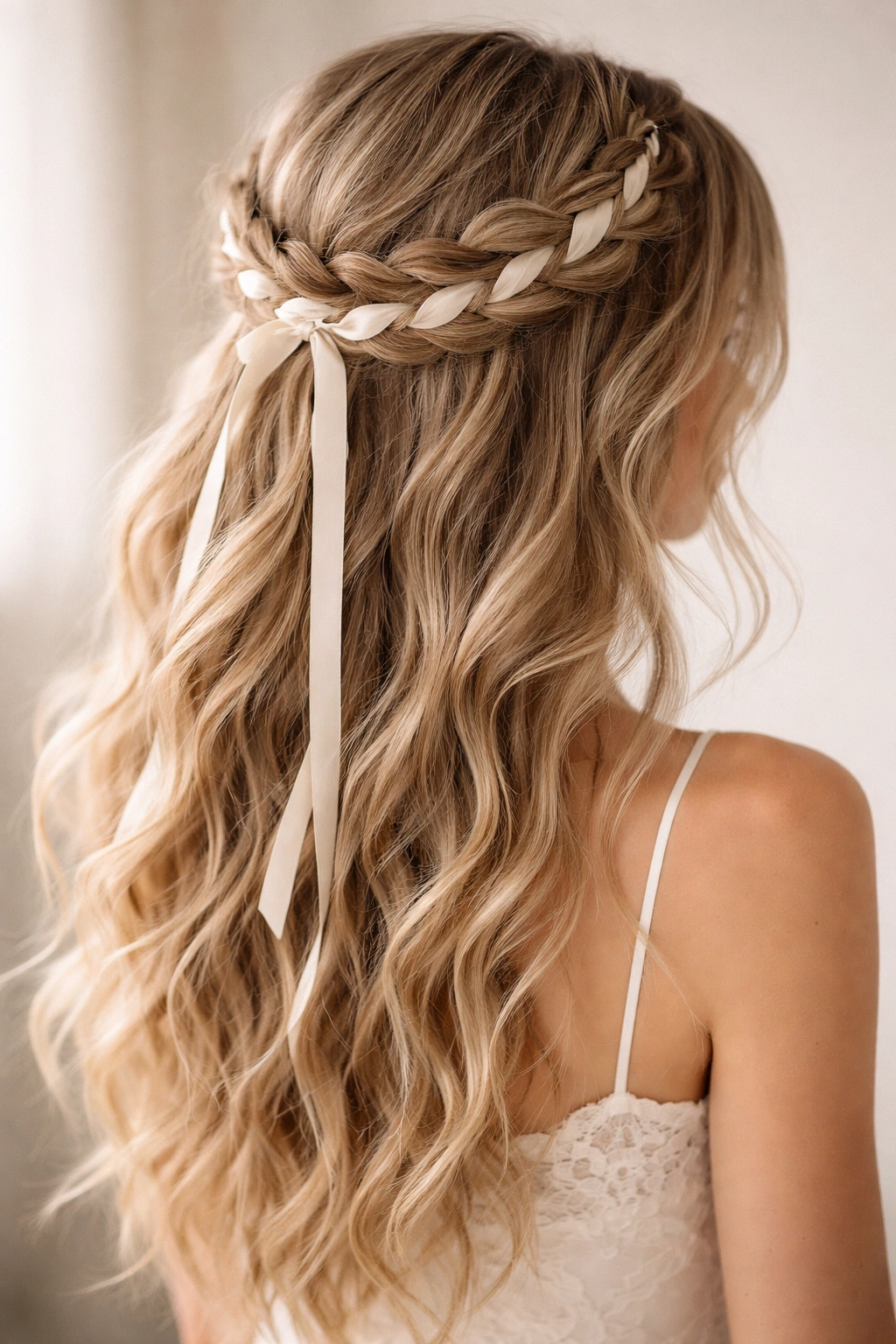 Crown braid wrapped with ribbon and undone waves for a romantic bridal look