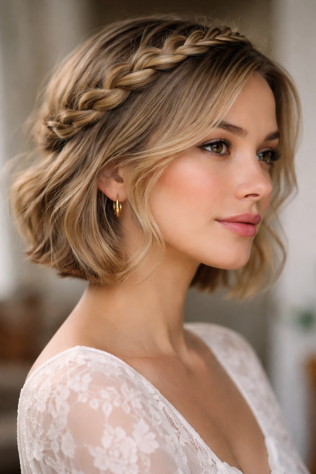 Close-up of a short hairstyle with a loose crown braid encircling the head