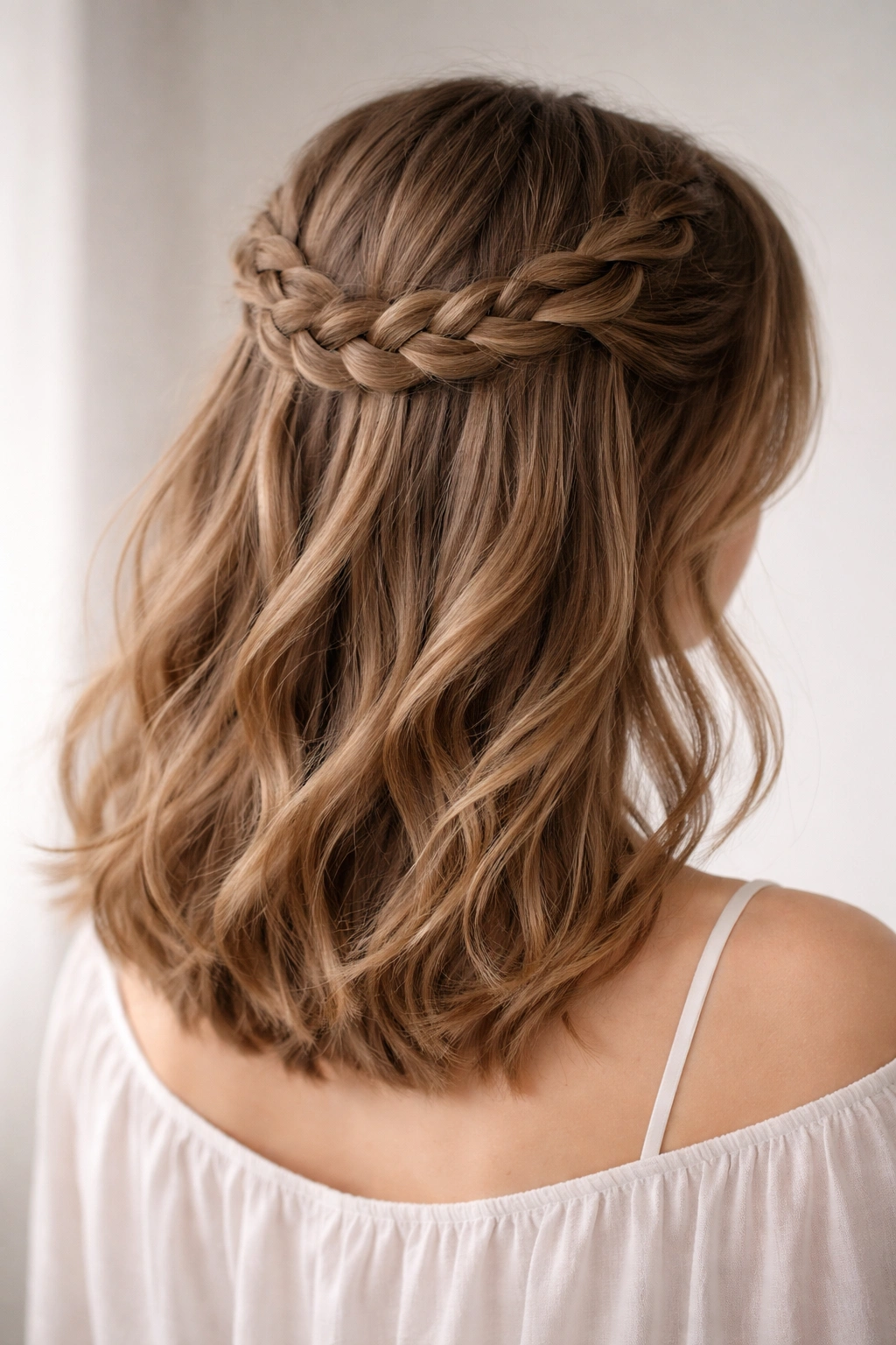 Crown braid half up half down hairstyle on shoulder-length hair with halo braid and loose waves