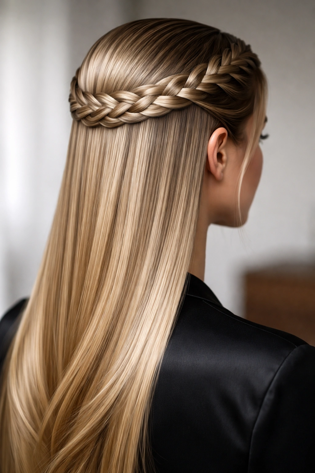 Sleek pulled-back crown braid with smooth lines on straight hair