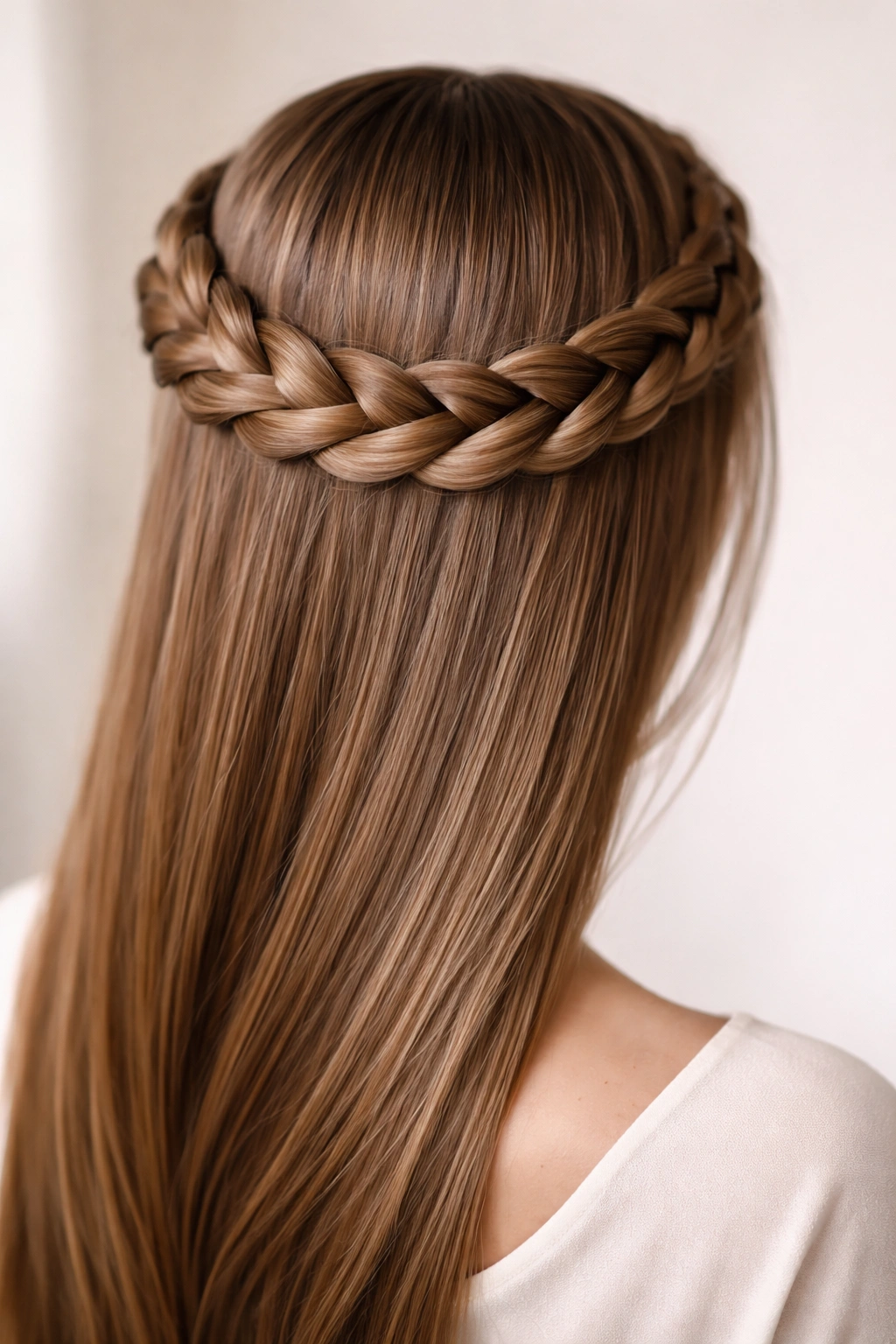 Top-back view of a crown braid encircling the head on straight hair.