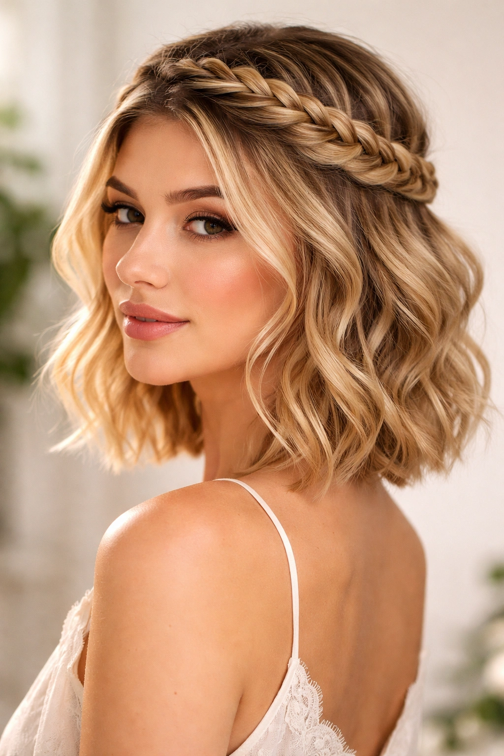 Crown braid with bottom waves and face-framing pieces on short hair