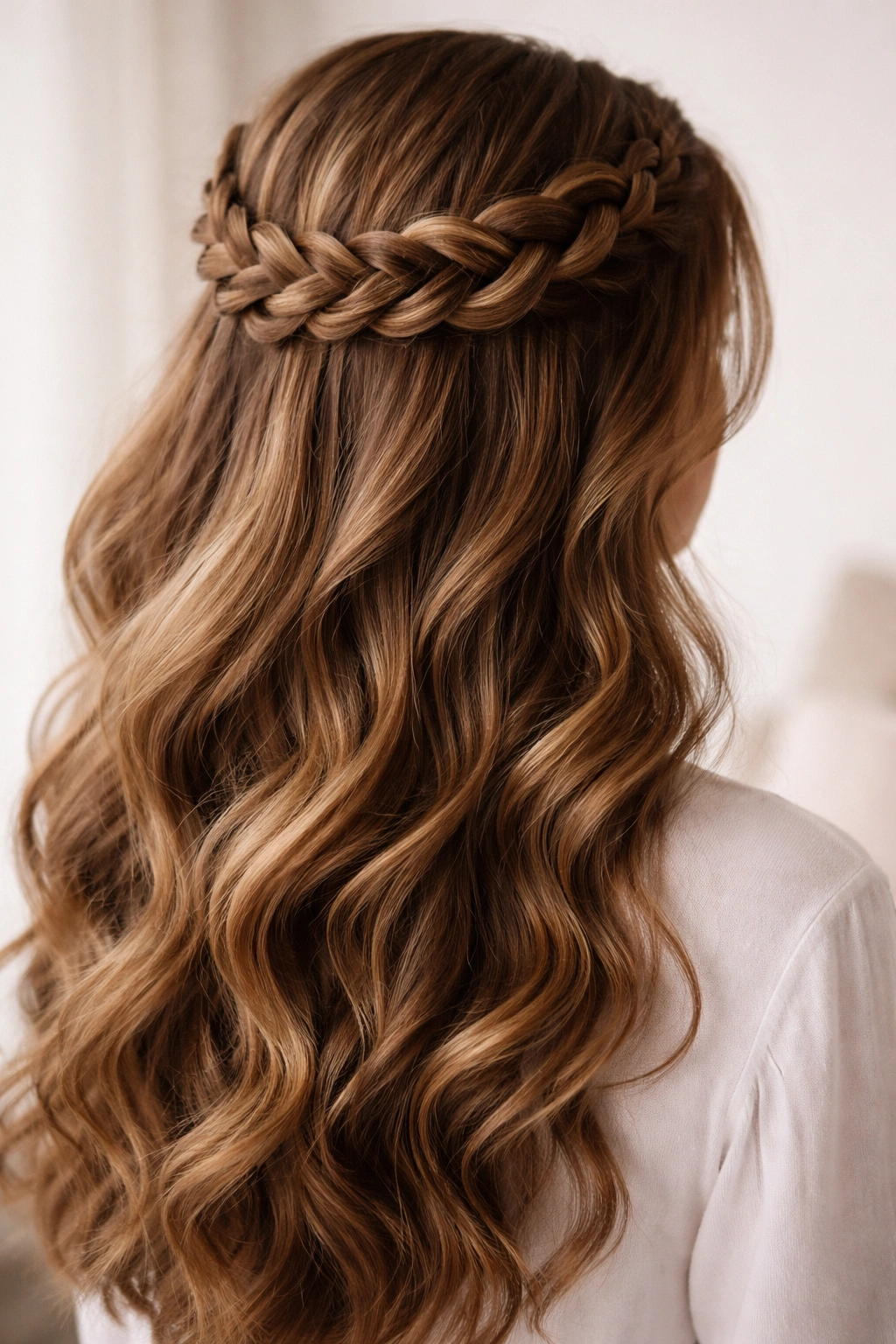 Close-up of crown braid half up on thick hair in a studio.
