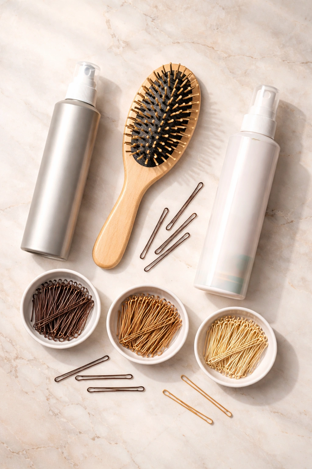 Flat lay of unbranded crown braid tools including texture spray and hair pins
