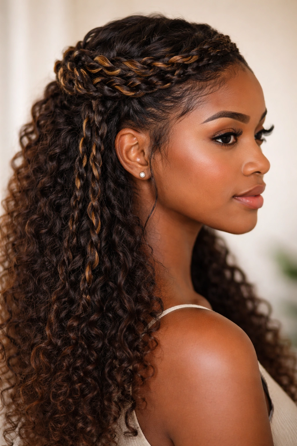 Crown braid with twisted sections on textured hair