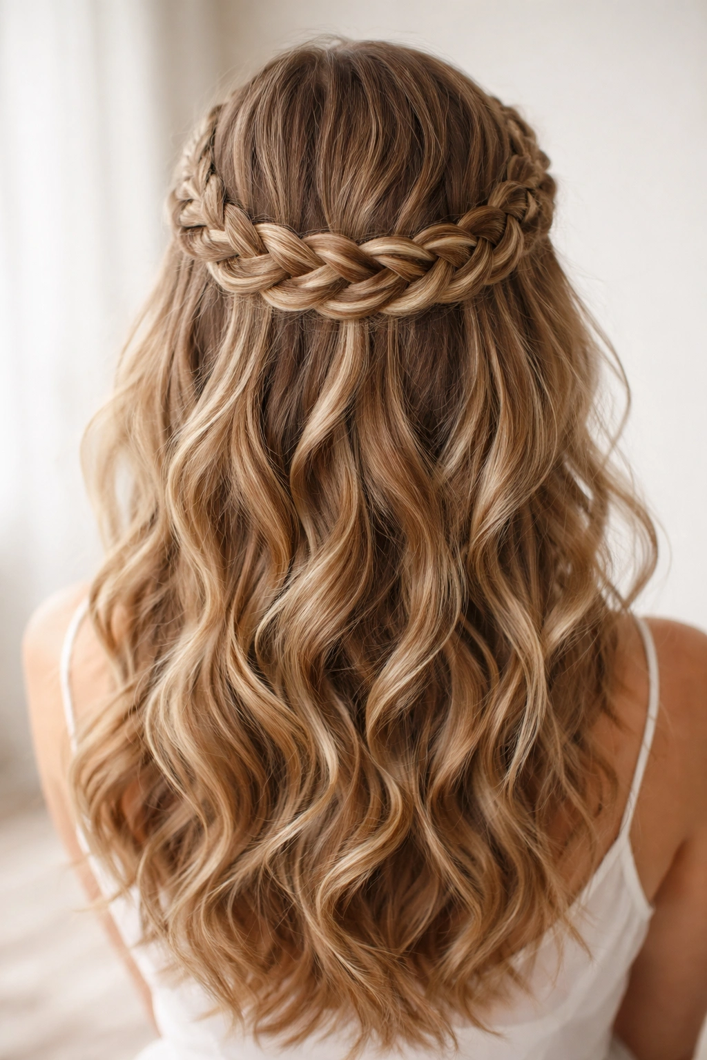 Circular crown braid around the head with soft waves