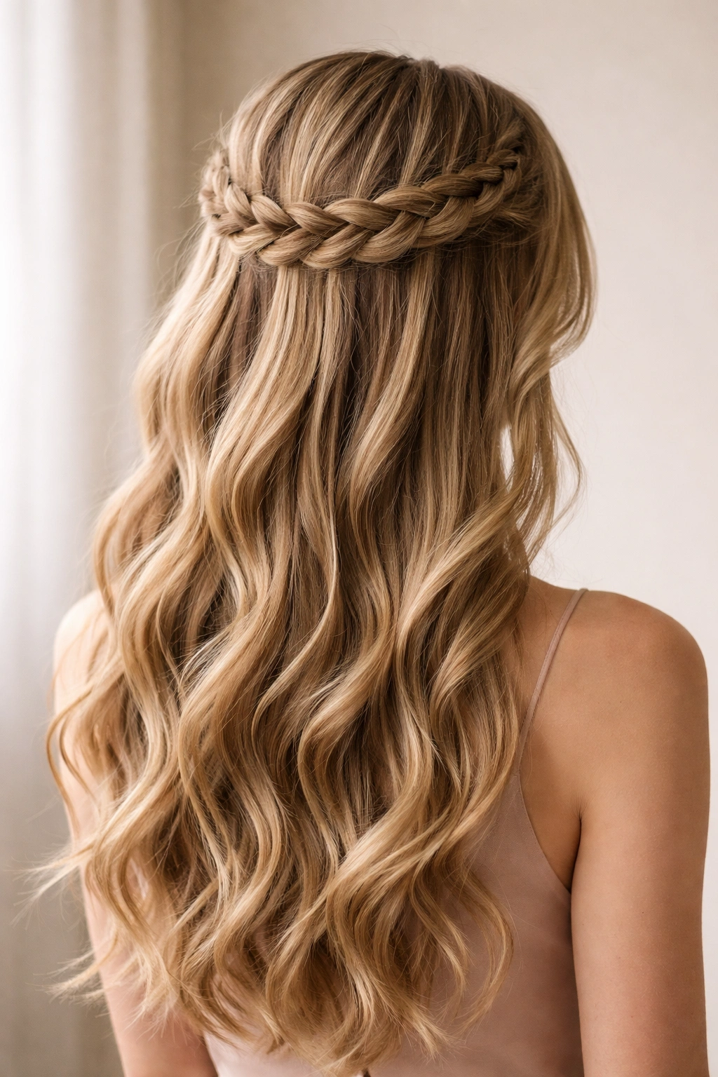 Half-up crown braid with loose waves below on straight hair