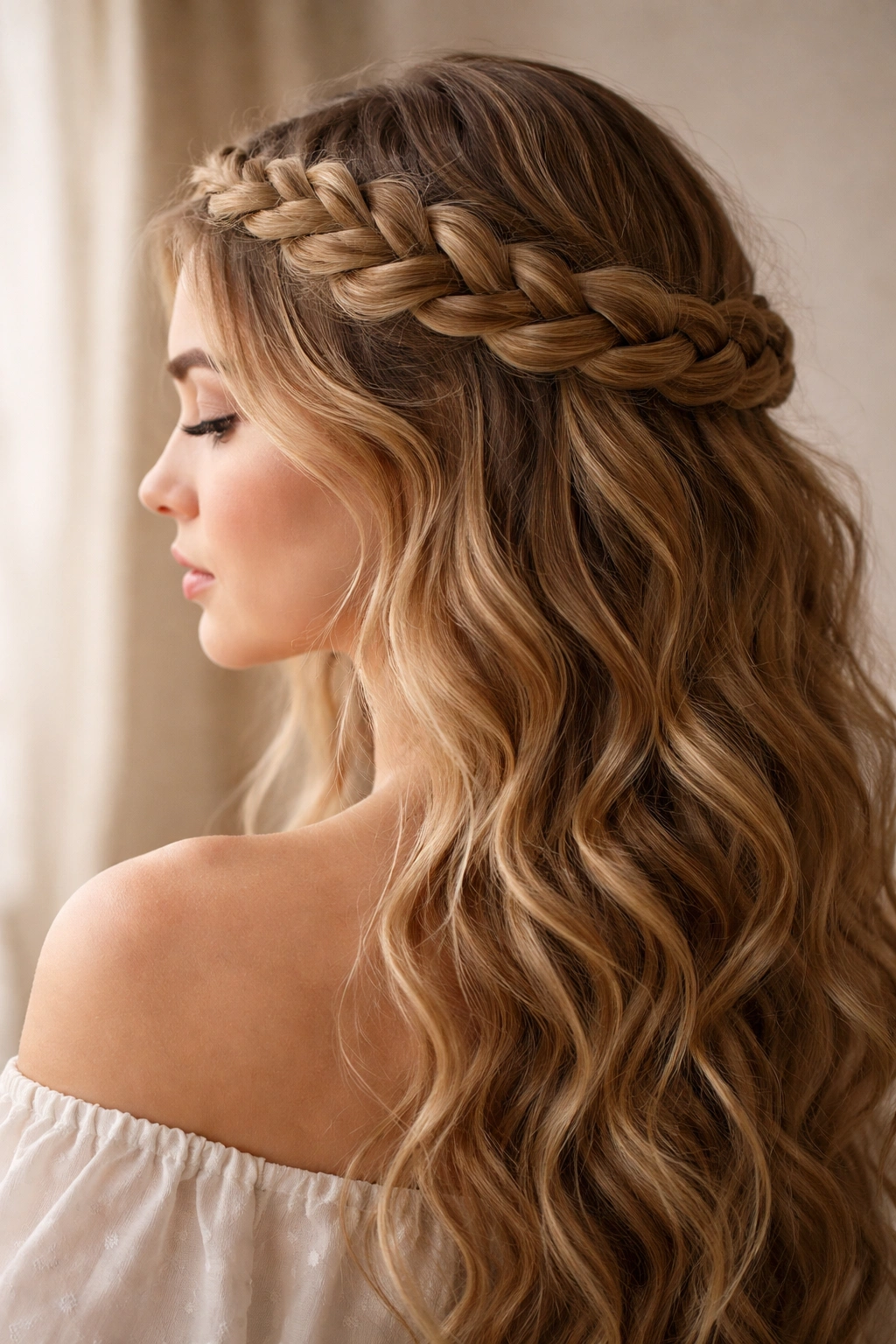 Side view of a crown braid around the head with waves around it