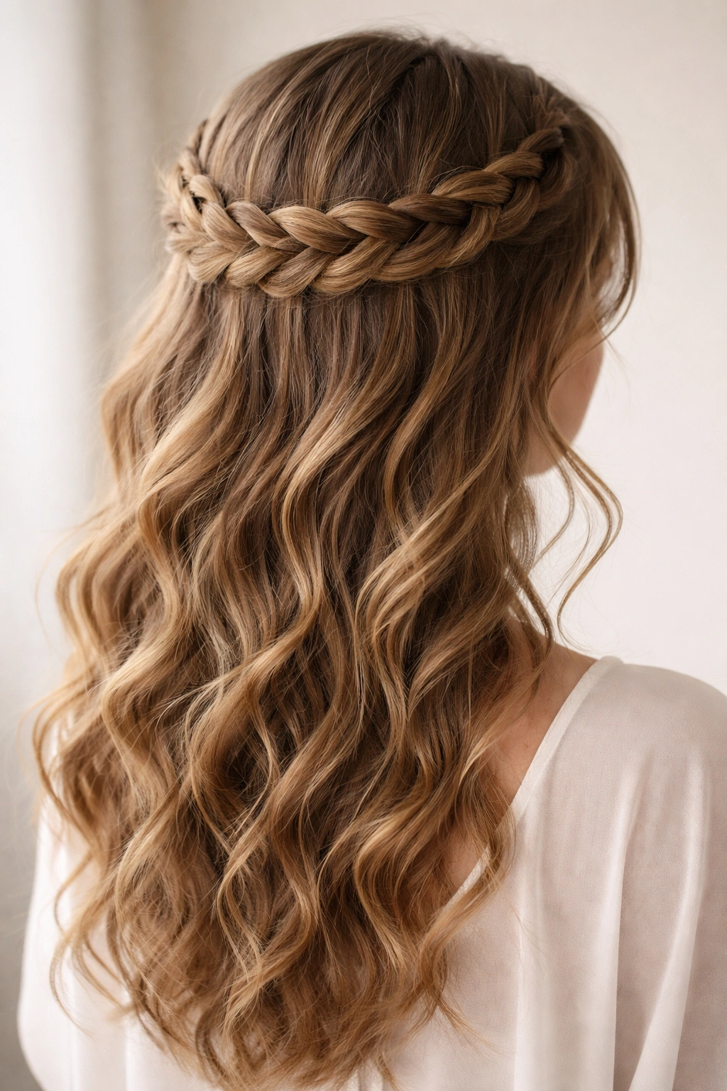 Close-up of a crown braid encircling a head with wavy hair and a halo effect