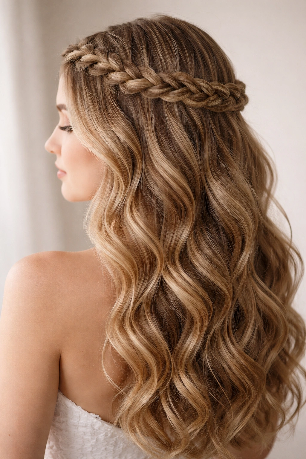 Close-up of crown braid with cascading waves for prom hairstyle