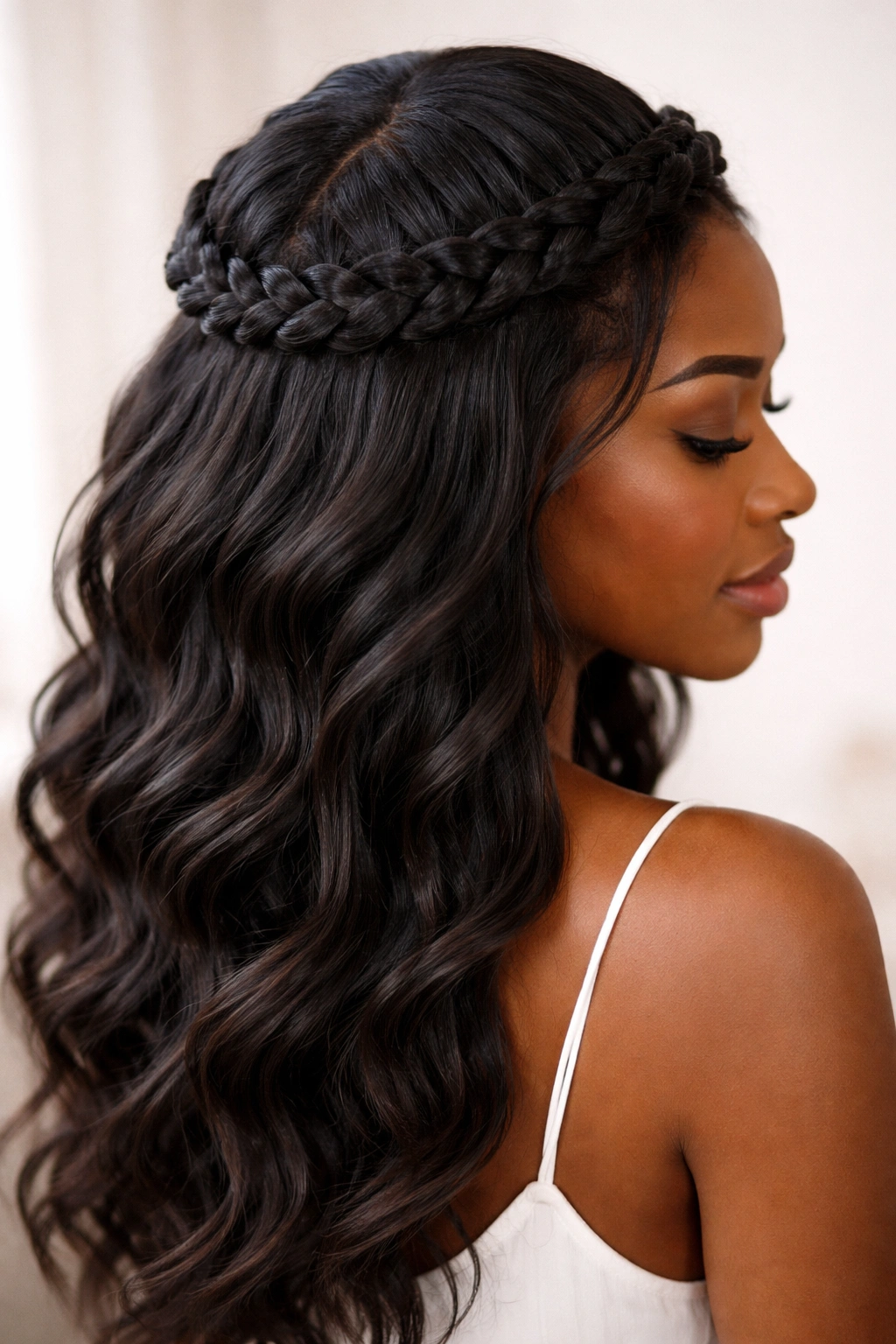 Close-up of classic crown braid with loose waves on textured hair, studio lighting.